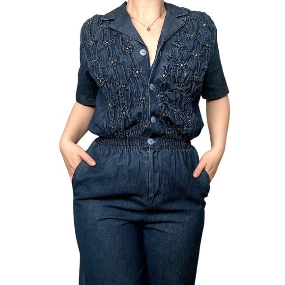 Vintage 1980s Saint Germain Chambray Pearl Embellished Jean Denim Jumpsuit - Picture 1 of 8
